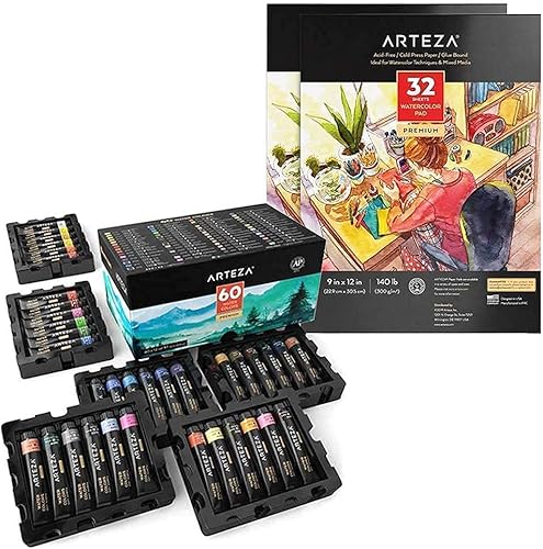 ARTEZA Paquete de pintura de acuarela y papel, suministros de arte de pintura para artistas, pintores de pasatiempos y principiantes