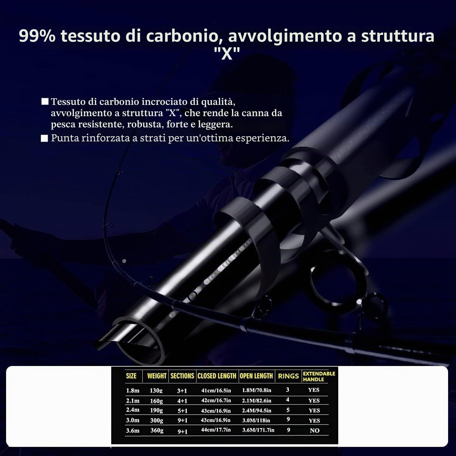 7 canne da pesca telescopiche, 99% carbonio, 2,1 m, 2,4 m, 3,0 m, 3,6 m