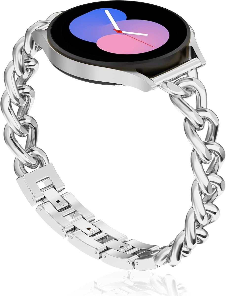 Metal Chain Band Compatible with Samsung Galaxy Watch 7 6 5 4 FE Band 40mm 44mm,Galaxy Active 2 Watch Band/Galaxy Watch 6 4 Classic, 20mm Stainless Steel Bracelet for Women Men