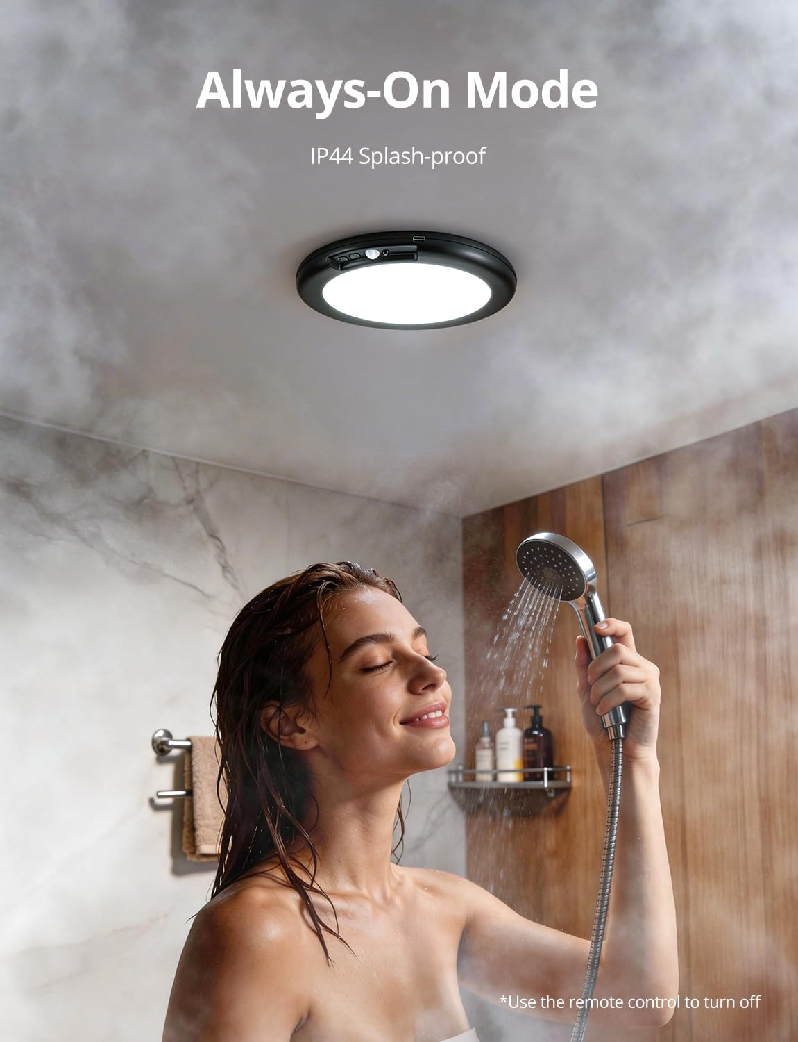 Bojim Lampe de placard rechargeable sans fil avec détecteur de mouvement 6000 mAh alimentée par piles, luminaire de douche magnétique avec télécommande et minuterie à intensité variable pour buanderie