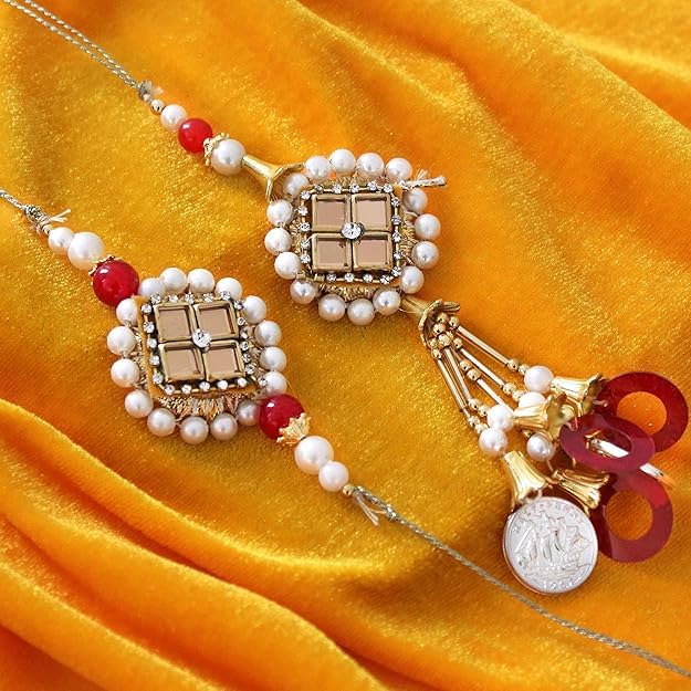 Image of TIED RIBBONS Rakhi for Brother and Bhabhi - Designer Lumba Rakhi Set with Roli Tikka for Bhaiya Bhabhi for Rakshabandhan