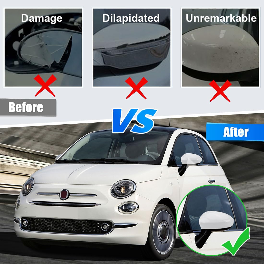 Oplatool Coppia Calotte Specchietto Retrovisore Compatibile con Fiat 500 500C 500E 2007-2024, 1 Paio Tappi per Specchietto Retrovisore Auto, 735452185 735452186