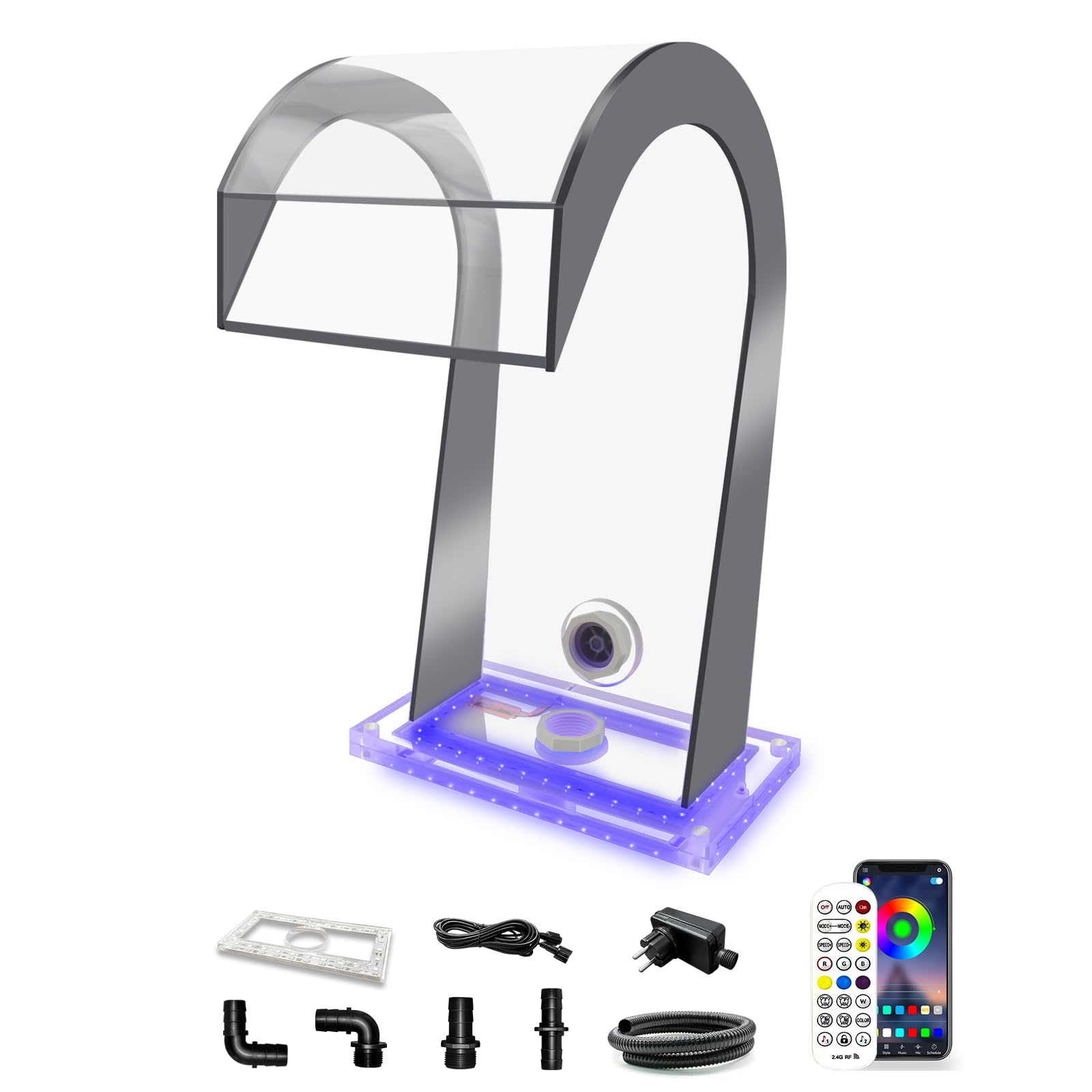 LONGRUN Estanque cascada, en forma de S, acrílico, 25 x 42,5 x 26 cm, fuente de piscina con 7 colores Bluetooth, juego de cascada para jardín y piscinas