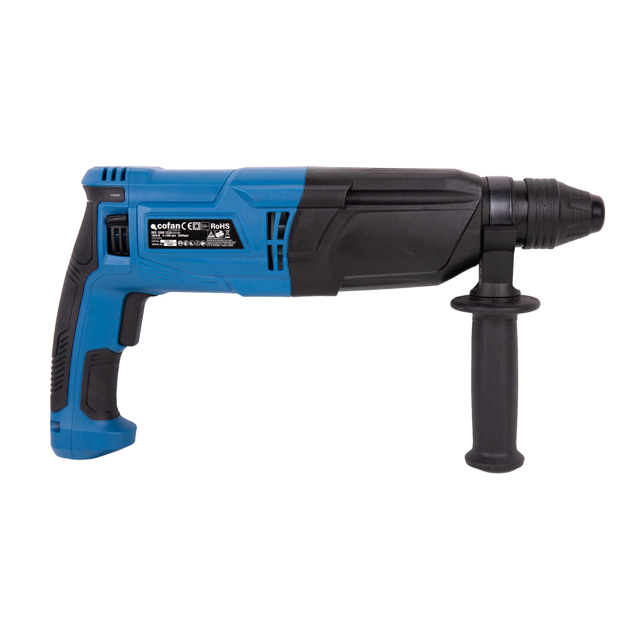 Cofan Martillo Perforador SDS-Plus 1050 W; Energía de Impacto 3;2 J; Martillo Demoledor 5200 bpm; Taladro Percutor con Cable 1200-5200 rpm; 4 funciones; Incluye 3 Brocas y 2 Cinceles