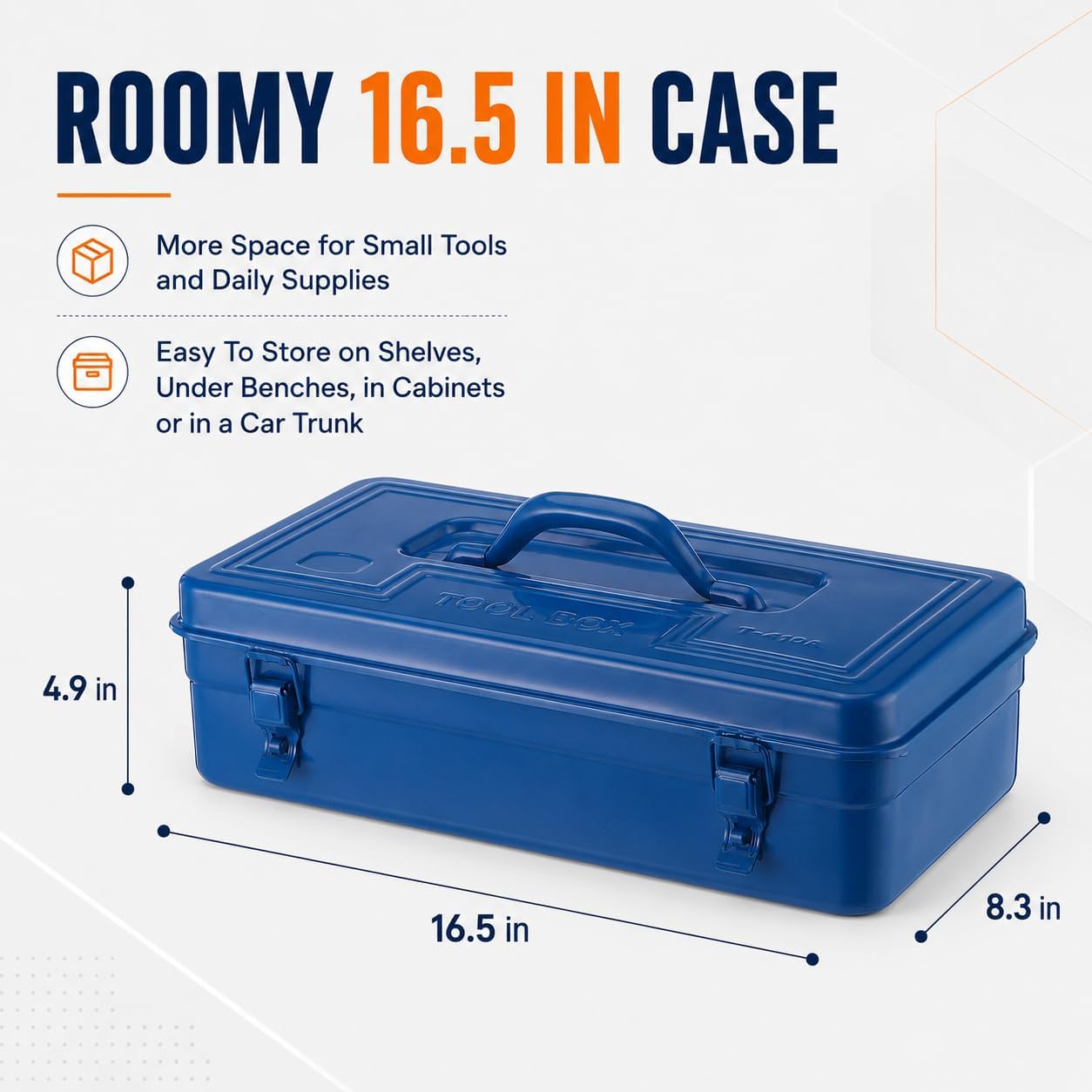 Blue Metal Tool Box with Handle, Empty Steel Storage Case with Hinged Lid and Dual Latches, 16.5 x 8.3 x 4.9 in Organizer for Garage Tools, Screws, Parts, Craft Supplies