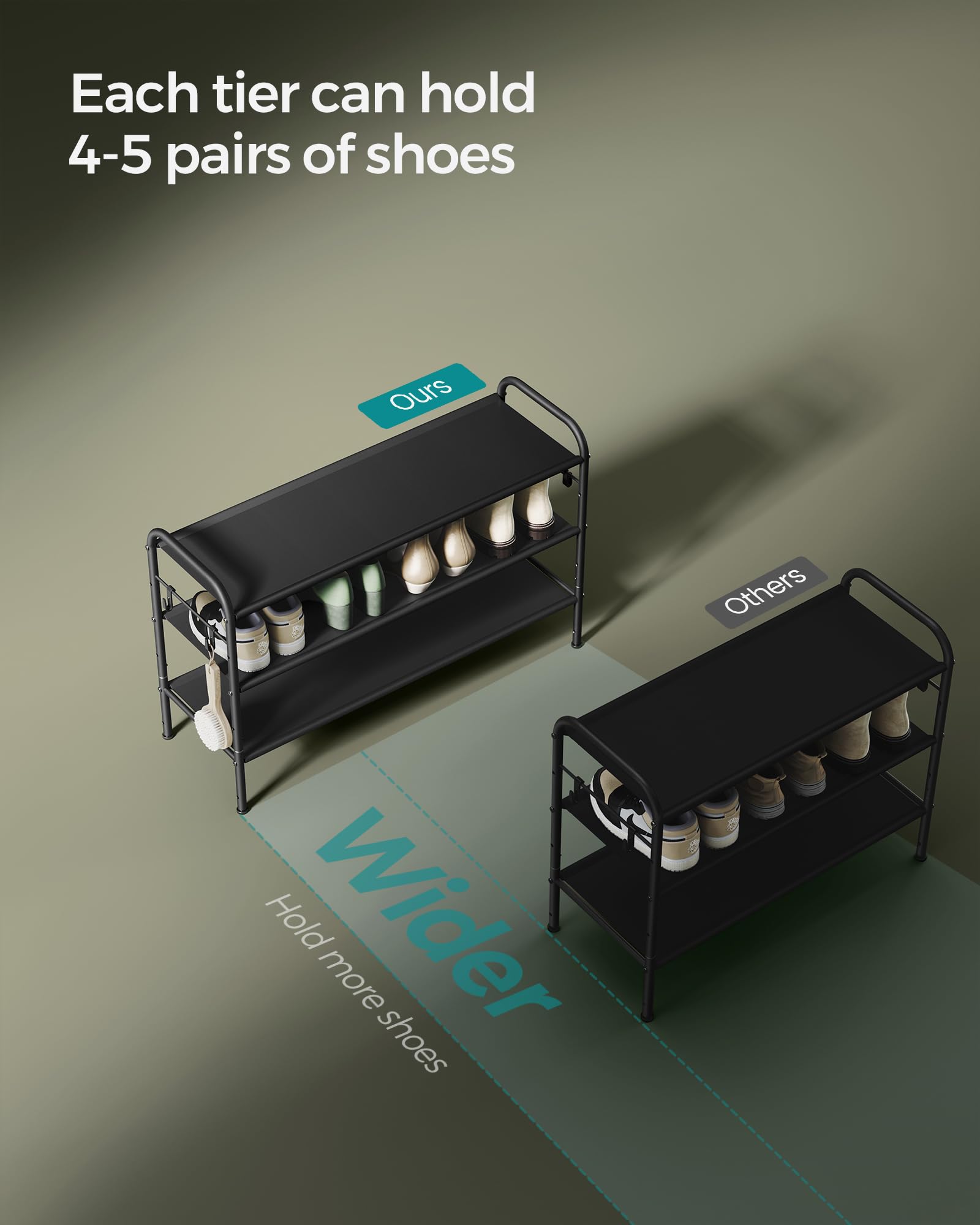 SONGMICS Shoe Rack, 3-Tier Shoe Organiser, Fabric Shoe Shelf Storage with 4 Hooks, Holds up to 15 works of Shoes - Image 4
