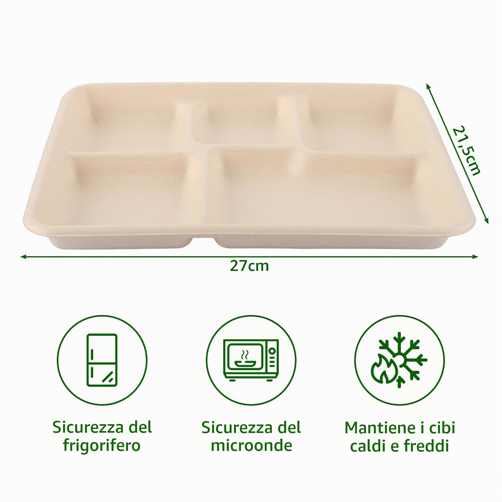 100 Piatti Di Carta Quadrati, 26 Cm, 5 Divisi, Riutilizzabili, Materiale Di Canna Da Zucchero Adatto Per Contenere Diversi Tipi Di Vassoi Alimentari