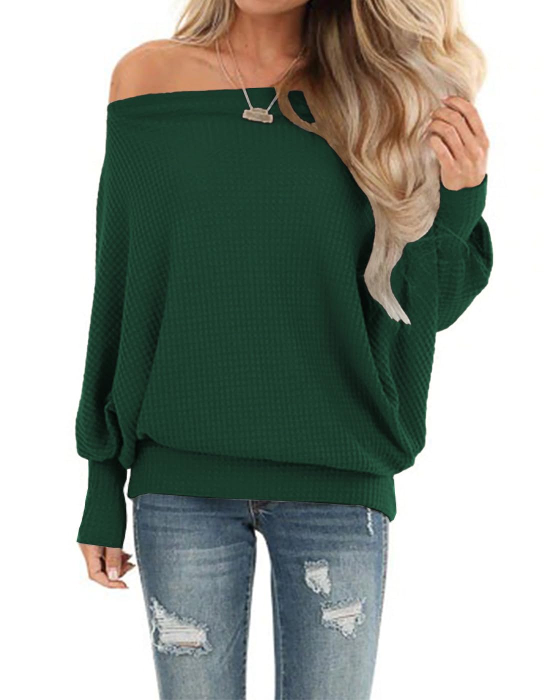 Lacozy Womens Off The Shoulder Tops Waffle Knit Oversized Sweatshirt Long Sleeve Tunic Shirts Pullover Sweaters