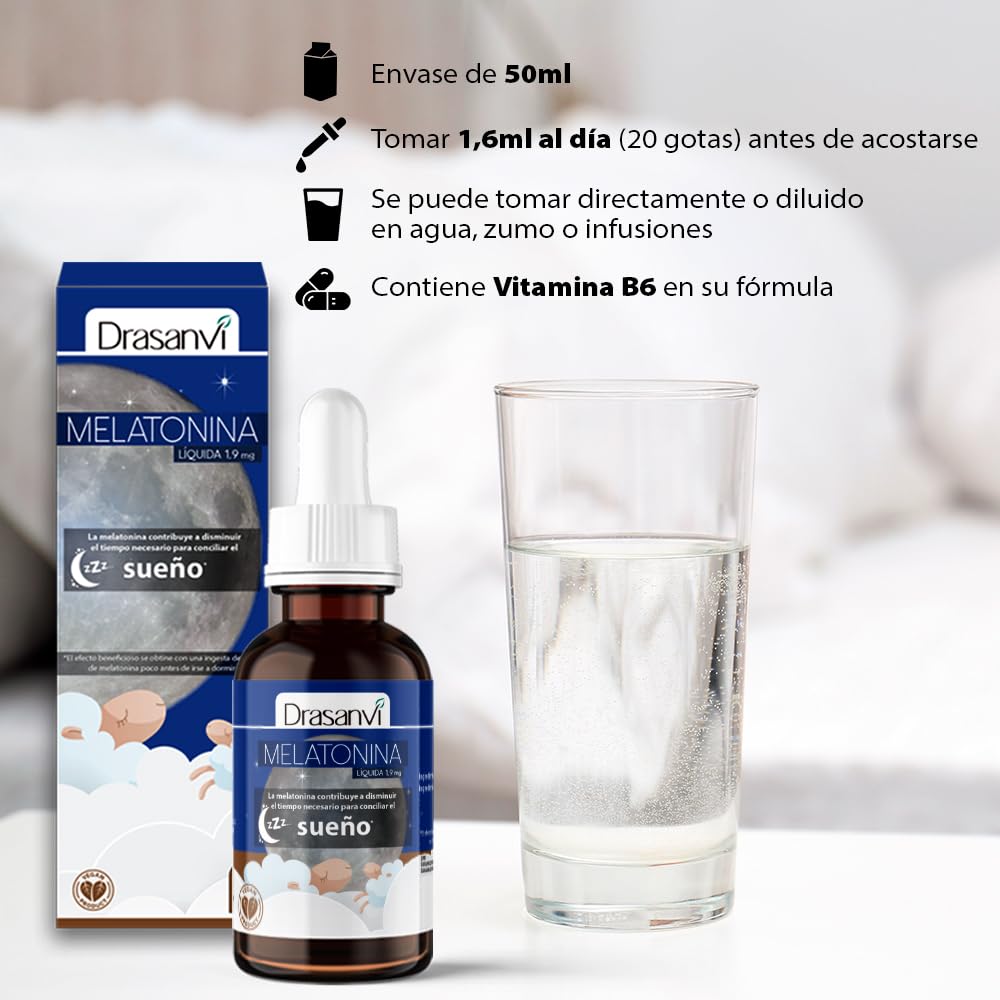 DRASANVI Melatonina Pura de 1,9 mg |Ayuda a Conciliar el Sueño| Potente Antioxidante| Ayuda en la Producción de la Hormona del Crecimiento (GH)| Rápida Absorción| Envase 50 ml= 31 Días| Sabor Limón