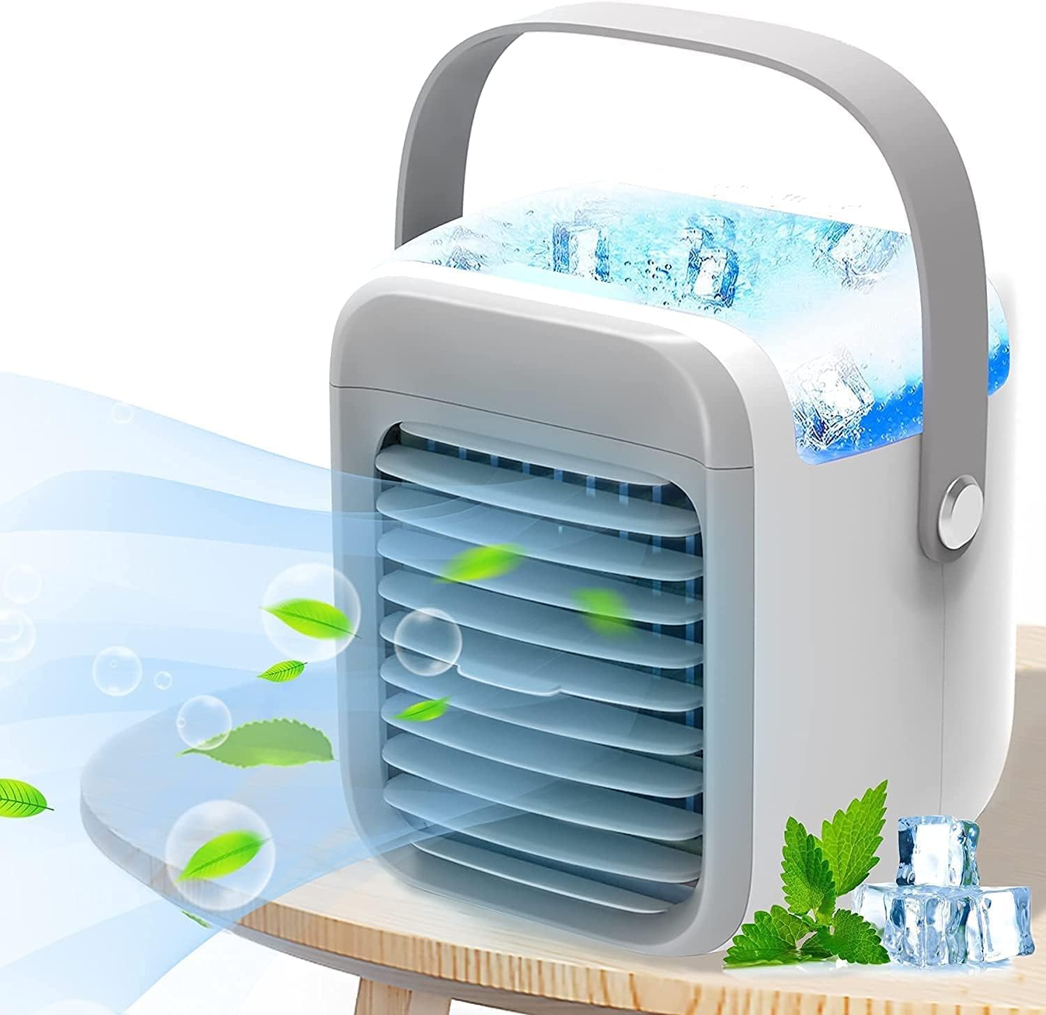 TOMVAES Small portable Air Conditioner, Rechargeable Evaporative Air Conditioner Fan with 3 Speeds 3 Colors,Cool down quickly, Cordless Personal Air Cooler with Handle for Home, Office And Room(White)