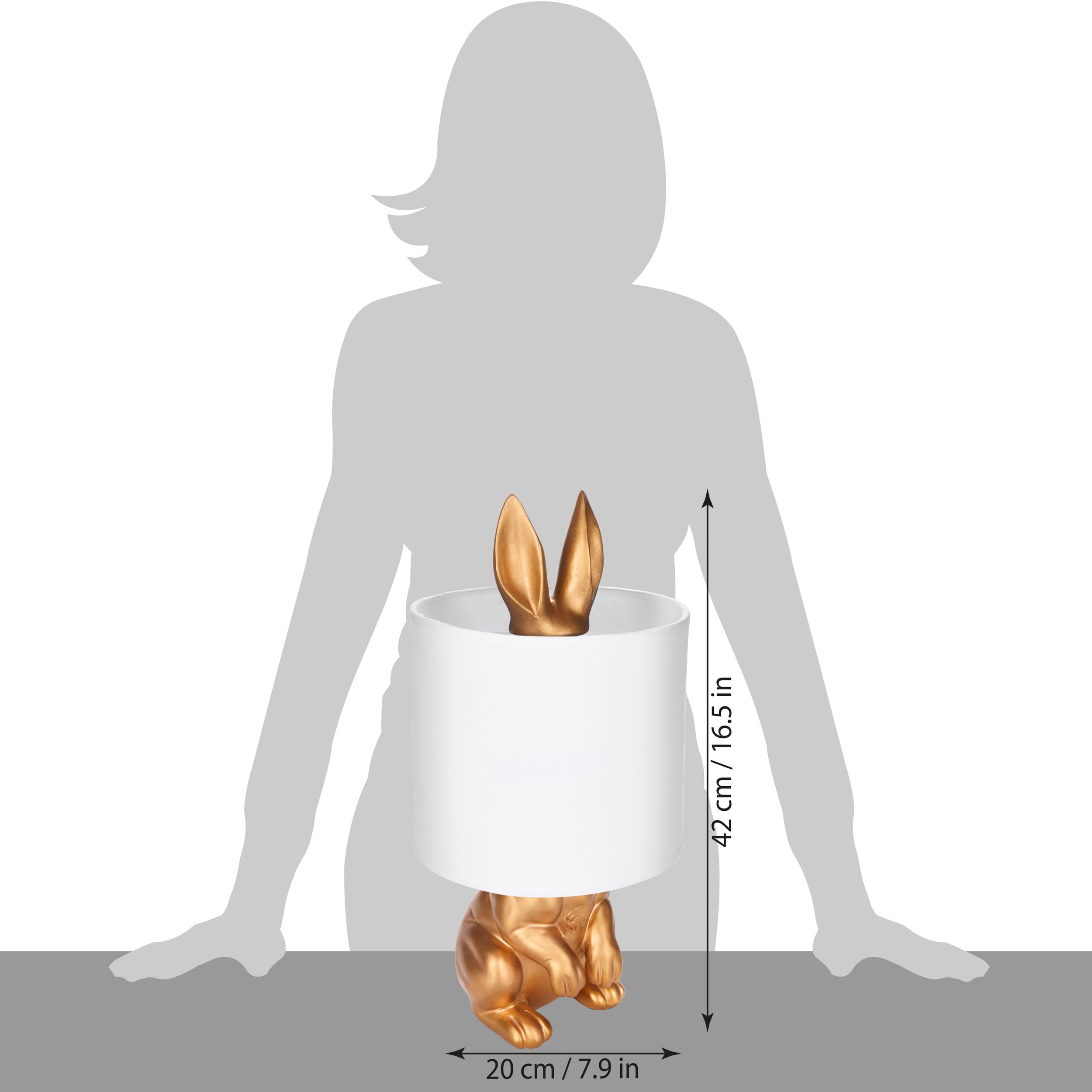 BRUBAKER Tisch- oder Nachttischlampe Goldener Hase - Tischleuchte mit Keramikfuß und Stoffschirm - 42 cm Höhe, Weiß Gold