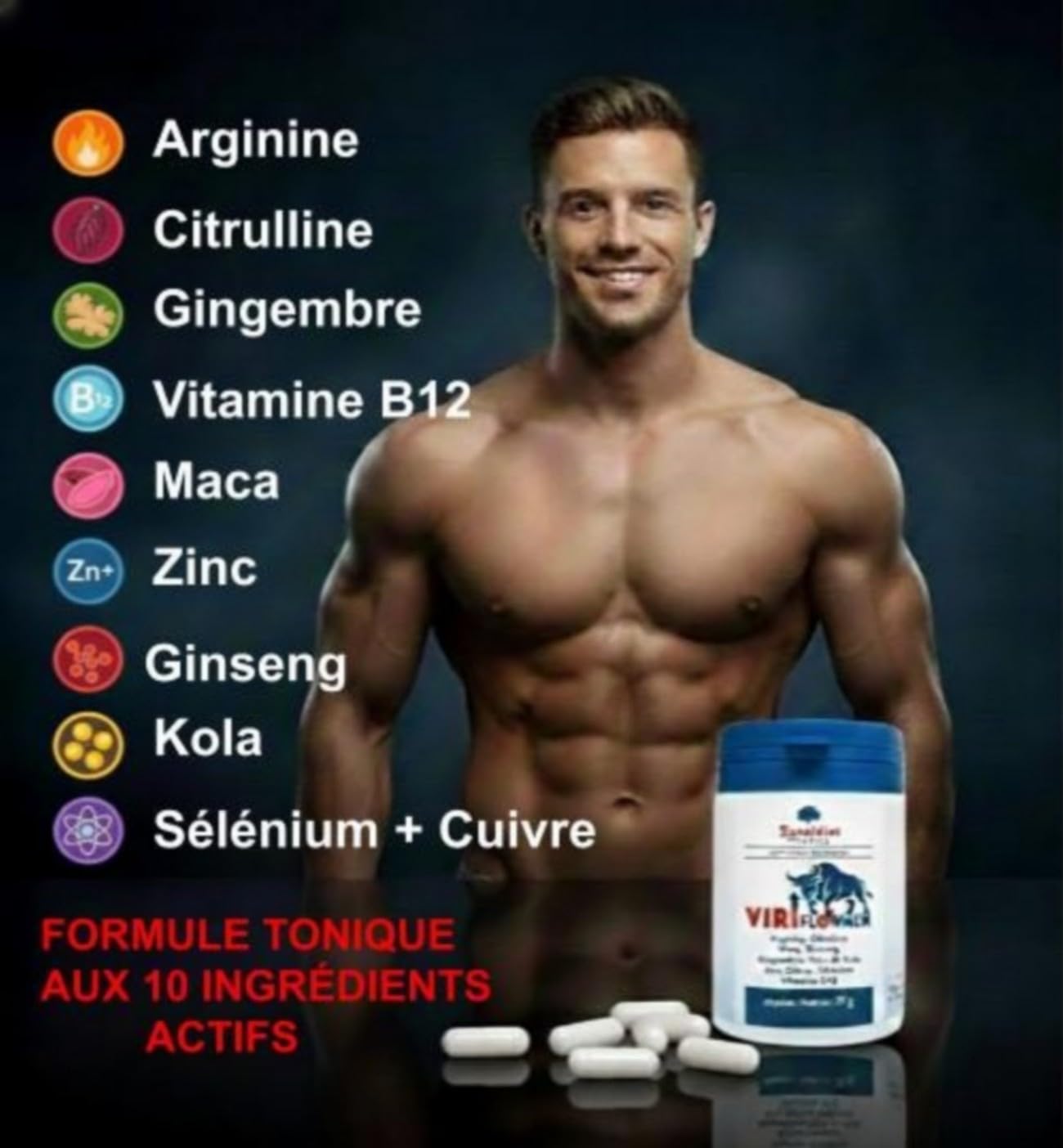 ViriflowMen – Complément Alimentaire Homme | Libido, Énergie Masculine, Vitalité & Endurance | Arginine, Citrulline, Ginseng, Maca, Kola, Gingembre | Vitamine B12 & Minéraux | 60 Gélules