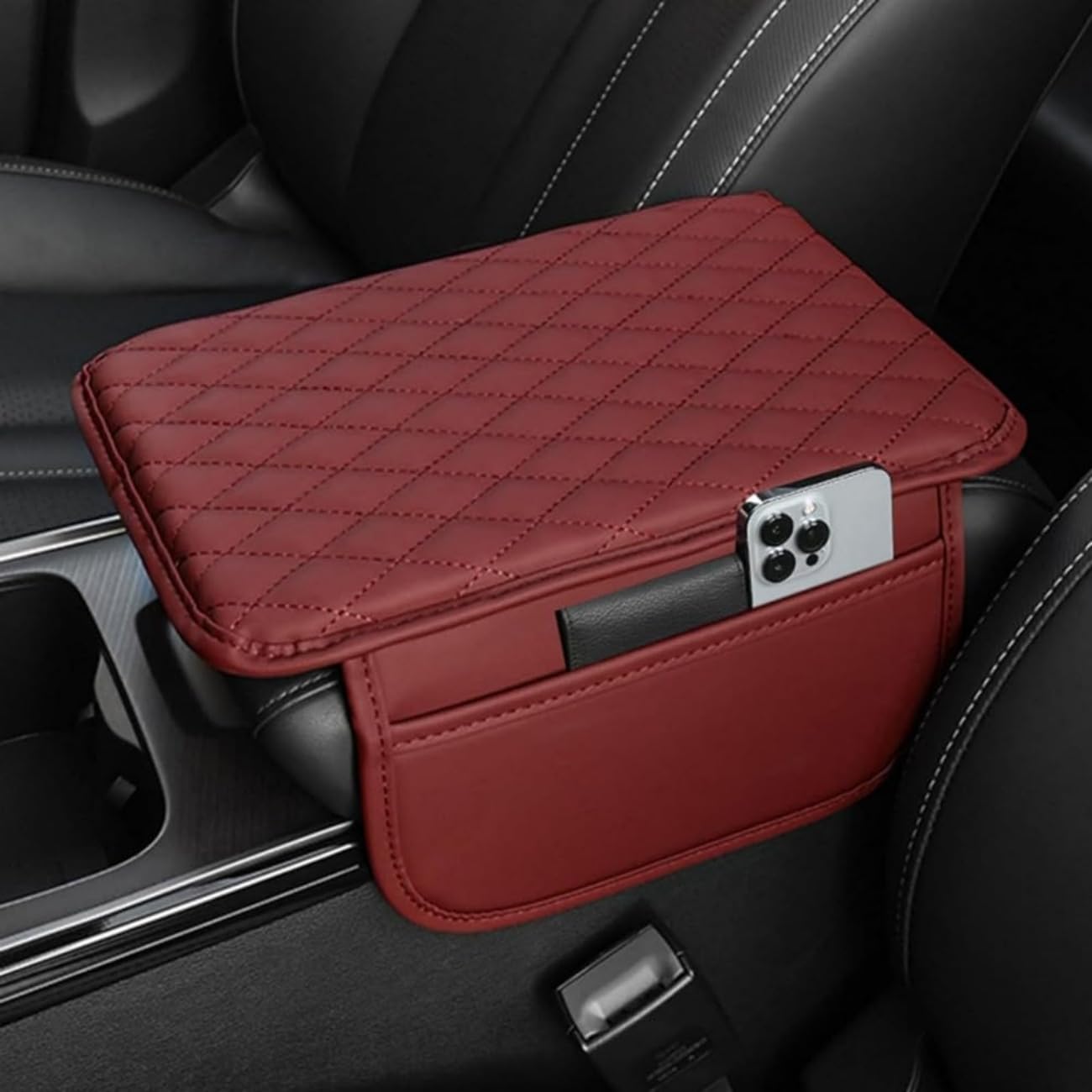 Cenpuxe Car Armrest Cover for Seat Leon IV (KL) Sportstourer 2020-2024+, Center Console Cushion Pad Wear Box Mat with Side Bags leather Interior Accessories Genuine,A Red