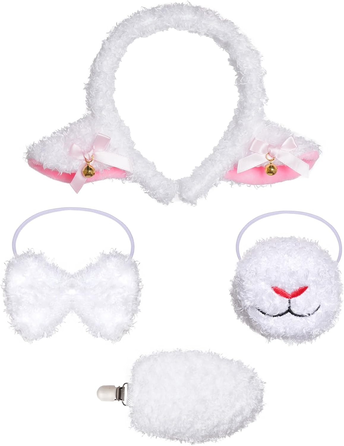 4 PCS Lamb Costume Accessory Set Sheep Ear Headband Bowtie Mouth Tail Costume for Halloween Cosplay Party Photo Props