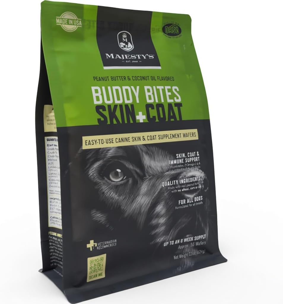 Majesty's Buddy Bites Skin and Coat Wafers for All Dogs - Superior Skin, Coat, and Immune Support Supplement - Peanut Butter and Coconut Oil Flavored - 56 Count (Up to 8 Week Supply)