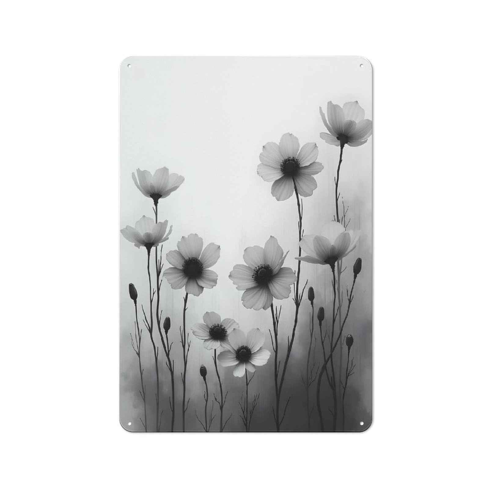 Junmoney Style-9 Tin Wall Plaque 30X20cm With Black And White Cosmos Flowers For Workshop Wall, With Clear Retro Wall Decor Character