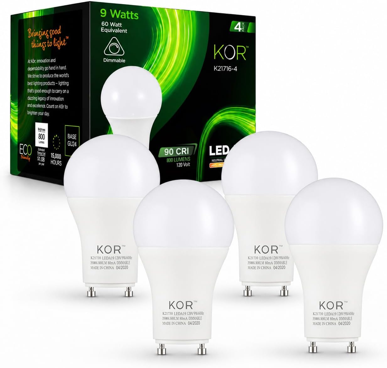 KOR GU24 A19 LED Light Bulbs, 3500K Natural White, Dimmable, 9W, 4-Pack