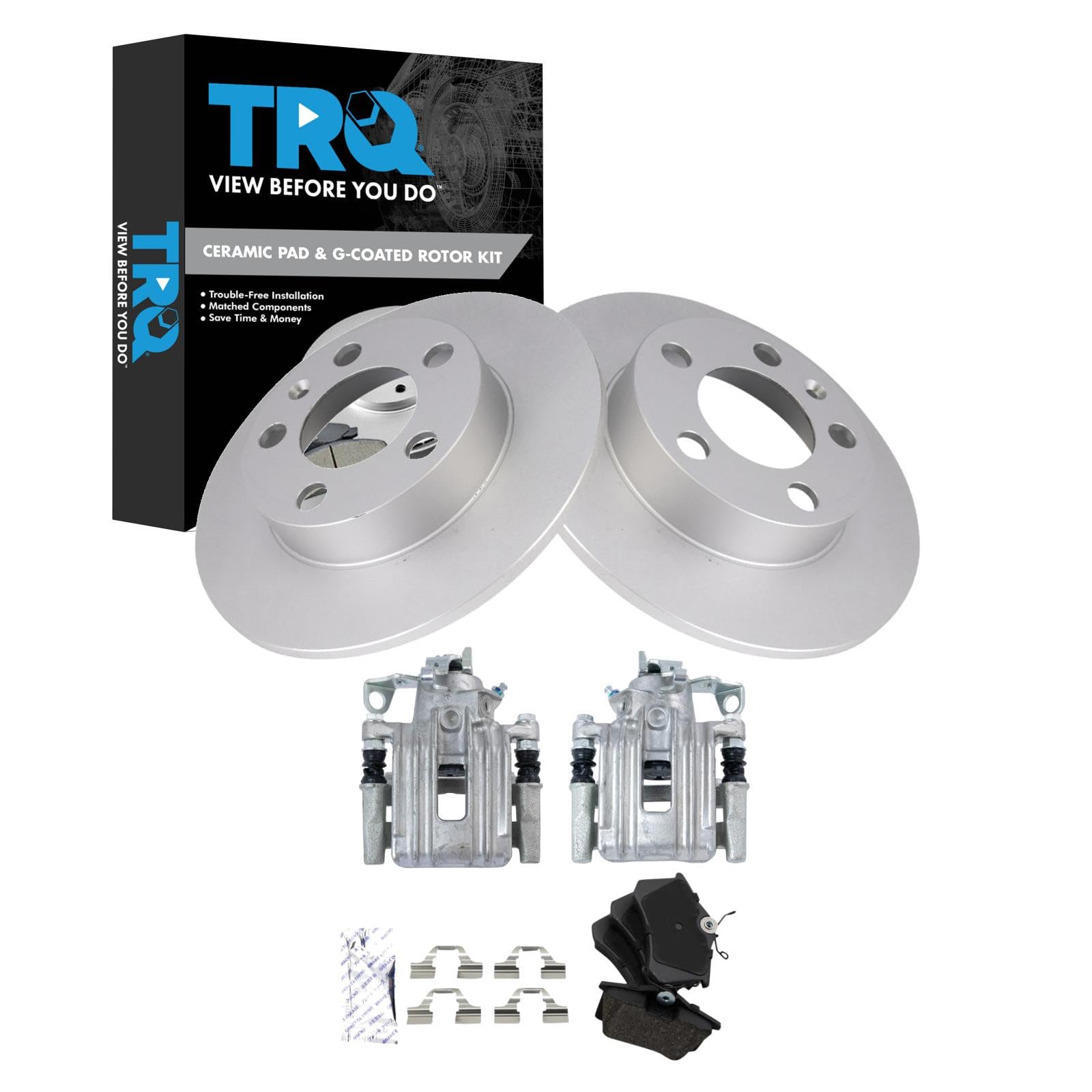 TRQ Rear Brake Pad &amp; Rotor Kit Ceramic Premium G-Coated Compatible with 2000-2006 Audi TT TT Quattro 1999-2004 Volkswagen Jetta