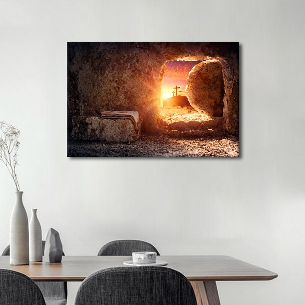 1 Panel Framed Wall Art Tomb Empty With Shroud And Crucifixion At Sunrise - Image 4