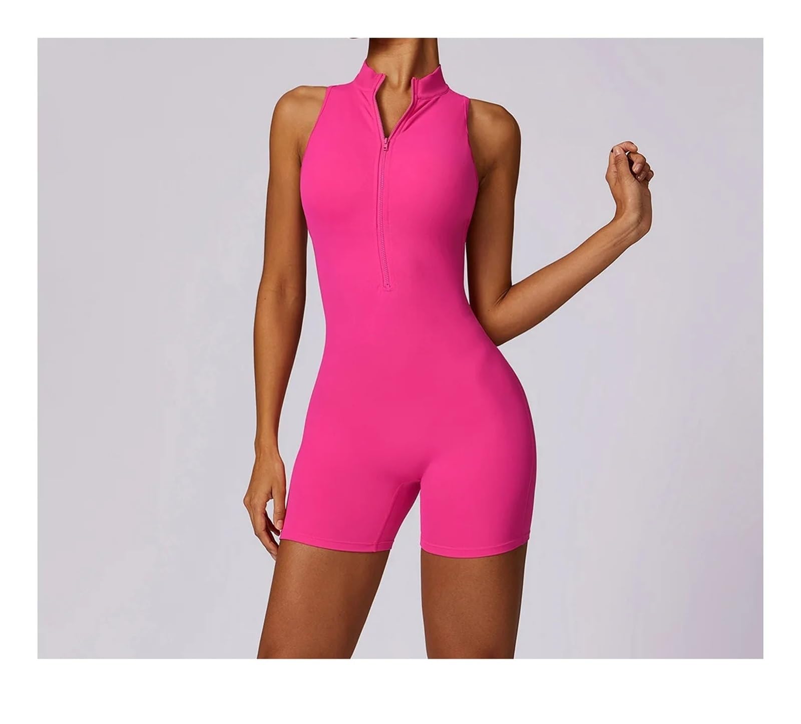Tuta da yoga Tuta sportiva da donna con scollo a V e schiena arricciata, tuta senza maniche palestra, cerniera, yoga per donna