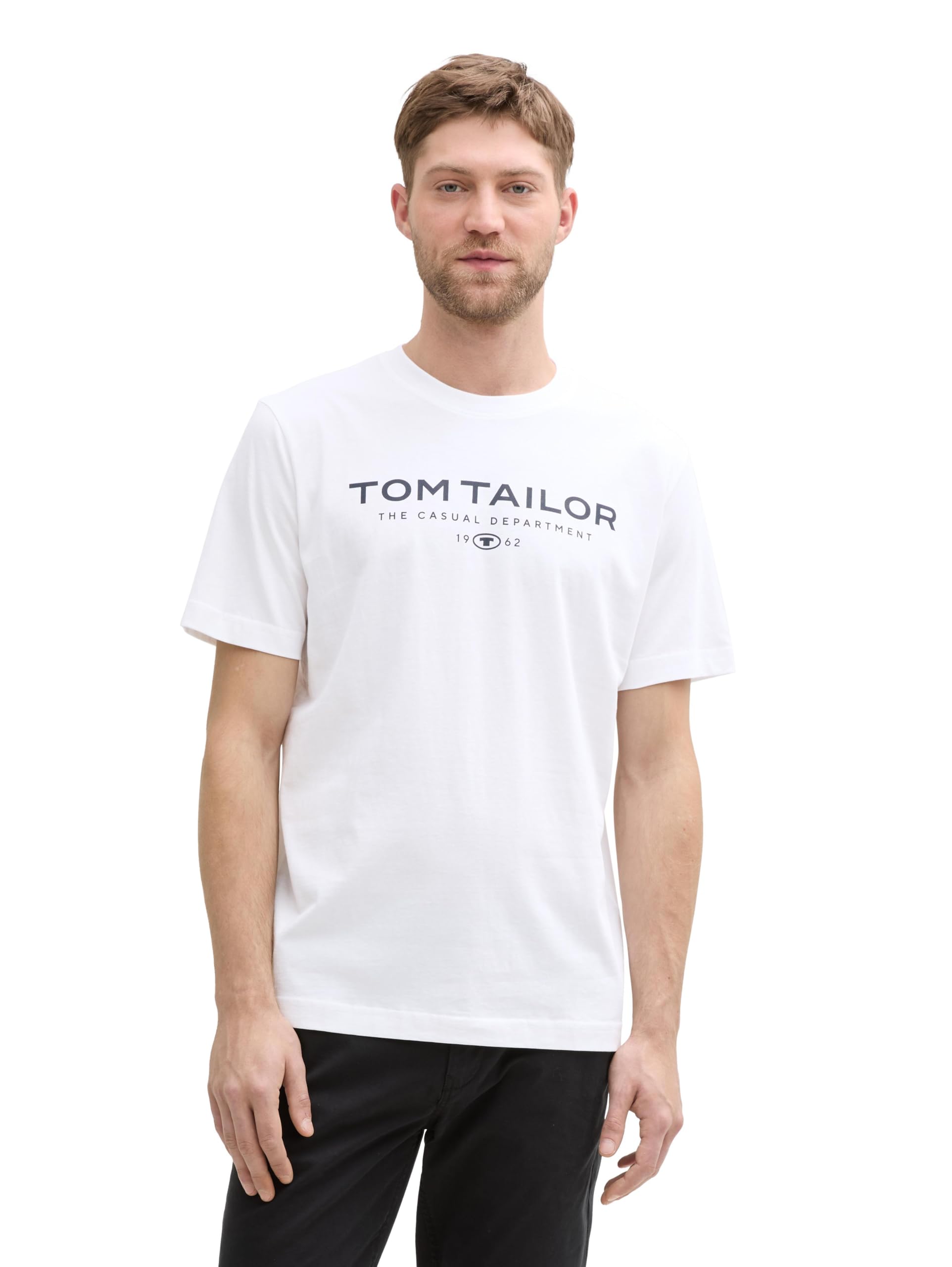 TOM TAILOR Herren T-Shirt  - bedrucktes Frontprint, weiß, Regular Fit, Rundhals, Kurzarm