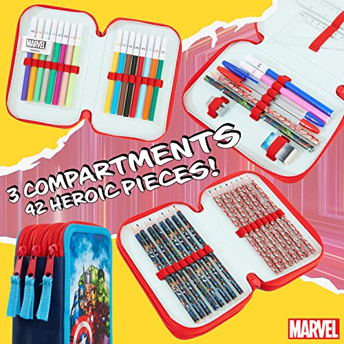 Marvel Pencil Case with Stationery Included School Supplies Filled Large Pencil Case Multiple Compartments Colouring Pencils Pens Boys Stationery Set Gifts for Boys (Avengers Triple Zip) - Image 4