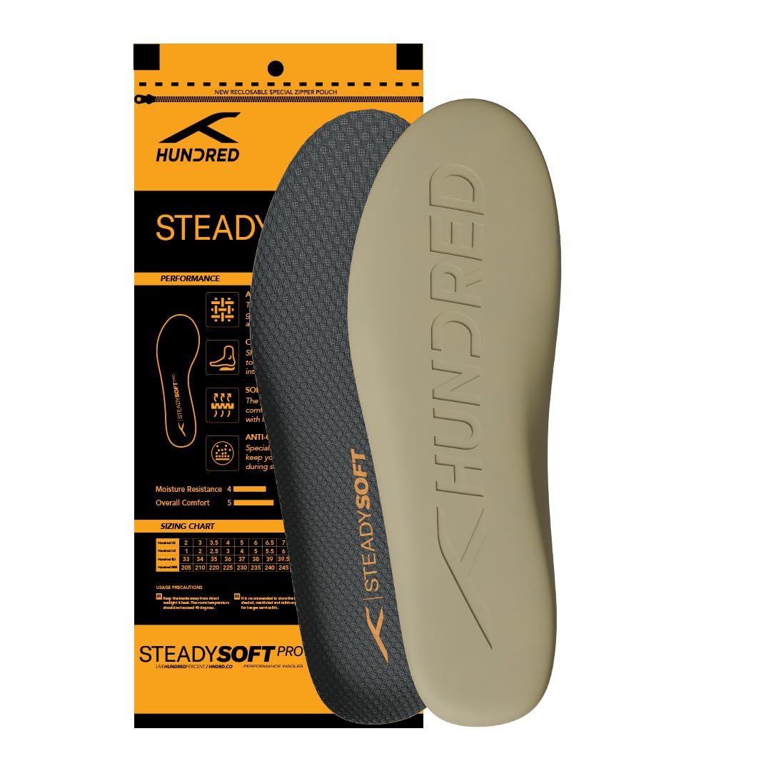 Hundred Steady Soft Pro Performance Insoles | Plush Cushioning | Anti-Slip | Soft & Breathable | Personalized Comfort for Any Shoe | Unisex | 1 Pair (Dark Grey & Orange/UK 10.5)