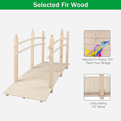 Miniatura 9 de VINGLI Puente de jardín de 7.5 pies, puente de madera con barandillas de seguridad, acabado natural, pasarela decorativa de paisajismo para estanque
