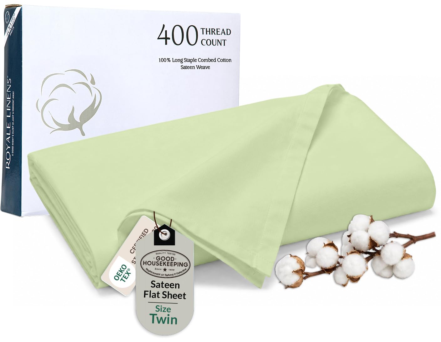 Royale Linens Twin Flat Sheet Only, Luxury Breathable Sateen Weave 100% Cotton Flat Sheets, Ultra Soft Single Flat Sheets Only Sold Separately, Cooling Top Sheet (Florentine Sage-66x96)