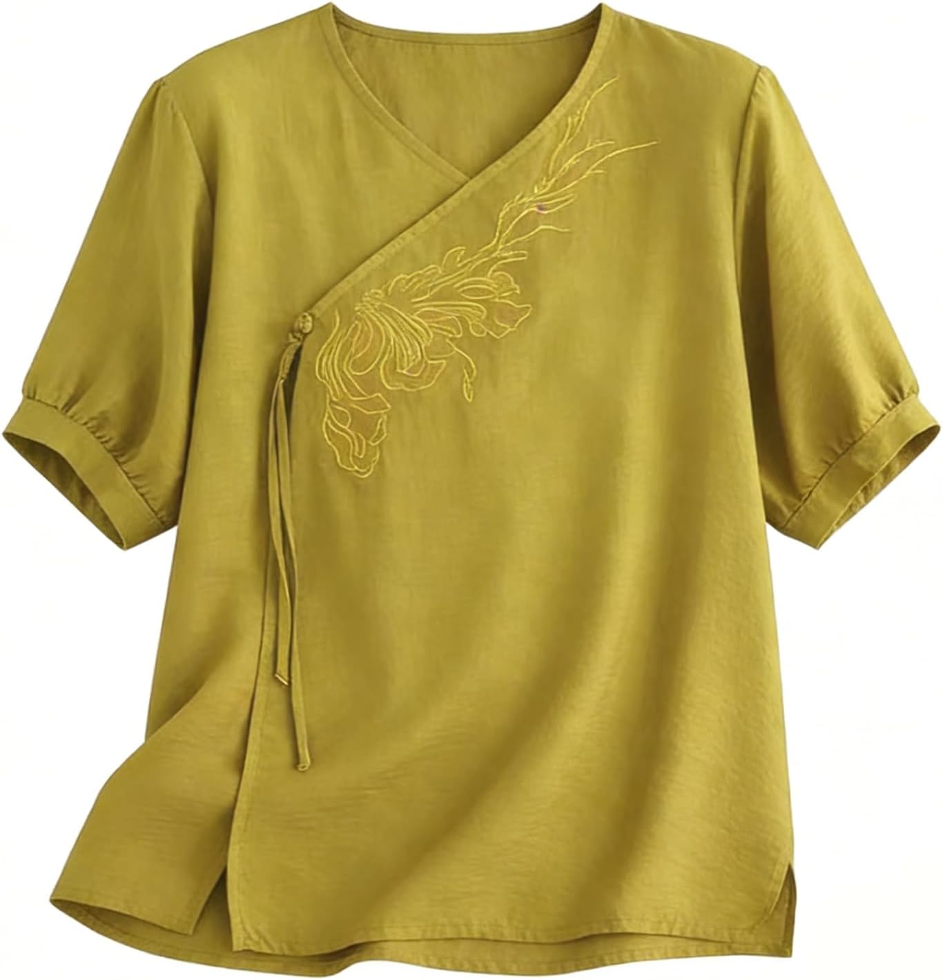 3/4 Length Sleeves Tops for Women Vintage Embroidered Boho Floral Shirts Button up V-Neck Loose Comfy Blouse Top