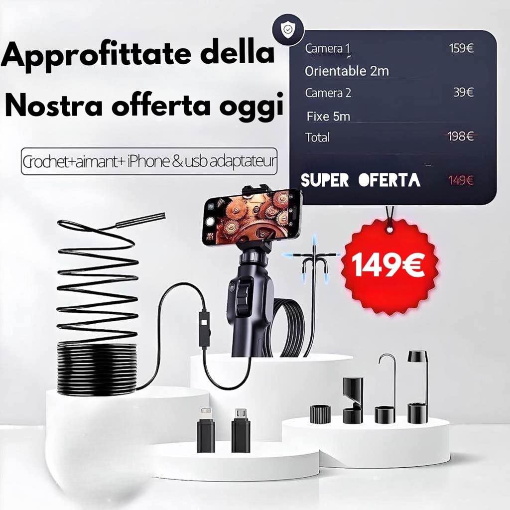 2 telecamere endoscopiche industriali 1920P con 8 LED, un endoscopio girevole da 2 m + una telecamera cablata da 5 m, per fognature meccaniche, compatibile con Android/iPhone