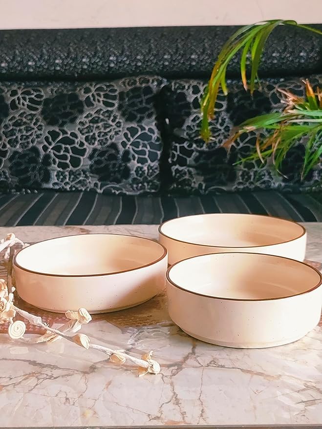 Image of Niyara Stoneware Handmade Ceramic Stylish Premium Serving Bowls /Salad Tray Microwave Dishwasher Safe (White with Black Border)