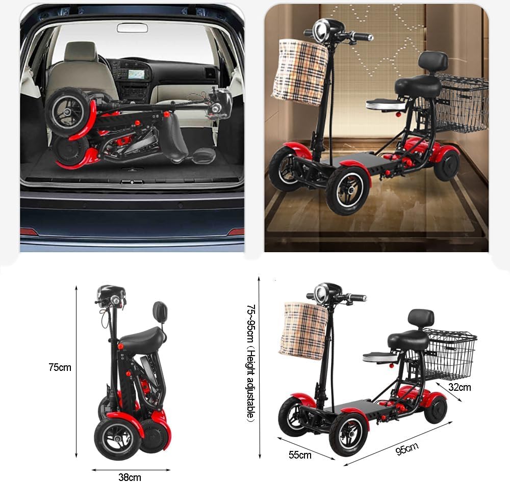 Scooters De Movilidad De 4 Ruedas, Scooters De Movilidad Plegables, Cestas Dobles Delanteras Y Traseras, Frenos De Disco Dobles para Adultos Mayores Discapacitados Viajes Al Aire Libre