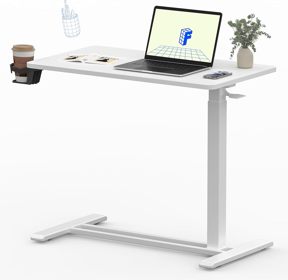 Escritorio móvil de pie de 32 pulgadas, estaciones de trabajo para computadora con elevación neumática | Escritorio para estación de trabajo para computadora con ruedas ocultas, carrito rodante para computadora portátil para oficina en el hogar y espacios pequeños. 31.5 pulgadas de ancho x 15.7 pulgadas de profundidad, blanco