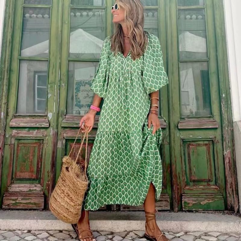Image of Womens 2024 Casual Boho Maxi Dresses V Neck 3 /4 Puff Sleeve Geometric Pattern Smocked Ruffle Beach Long Sundress