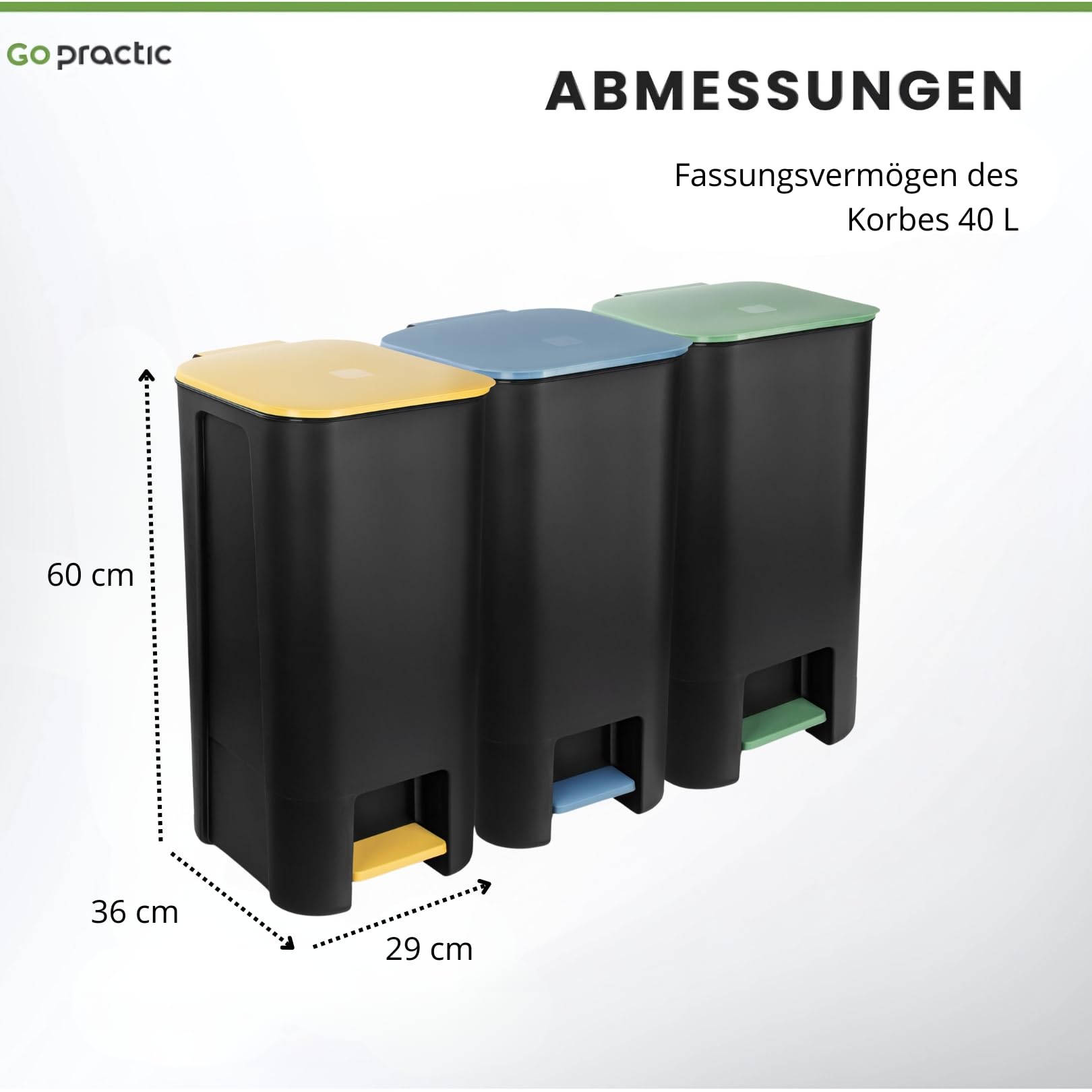 Treteimer Set 3x 40L, Tretmülleimer mit Pedal, Gelb, Grün, Blau Mülleimer, Mülltrennsystem für Papier, Kunststoff und Glas, Küchenmülleimer Recycling, mit Farbdeckel, Küche