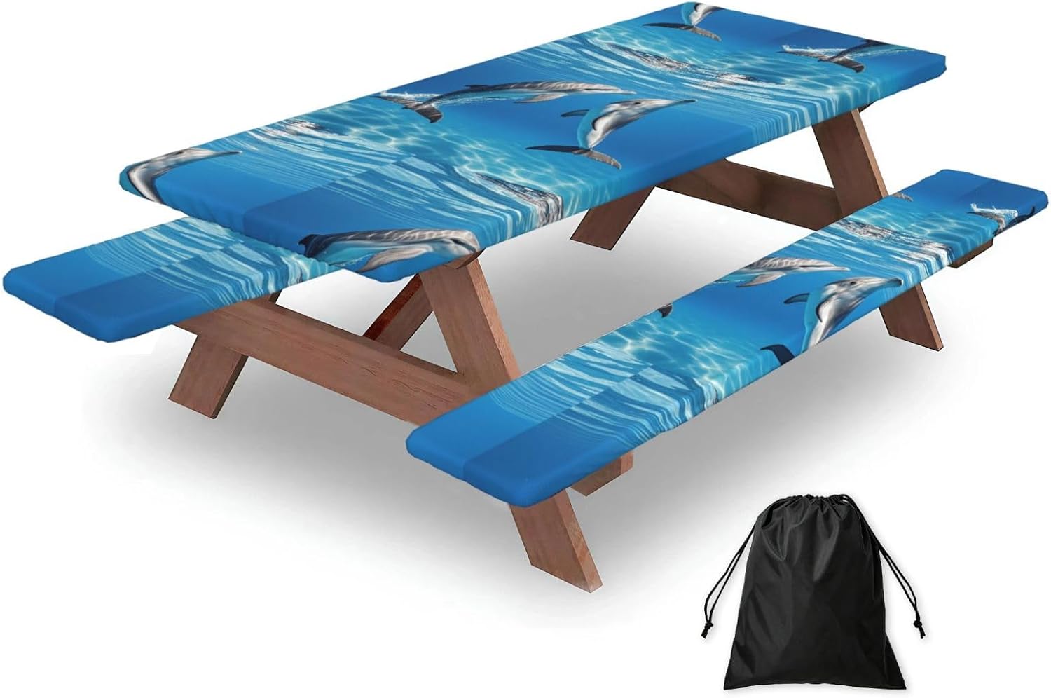 Two Dolphins Picnic Table Cover With Bench Covers And Bag, Windproof Waterproof Rectangle Tablecloth With Elastic Edges Fitted Camping Table Covers Portable Camping Accessories For Picnic Party Travel