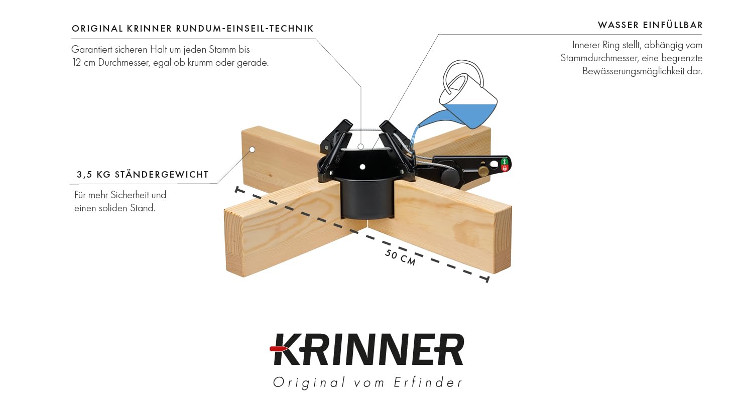 Krinner Design Christbaumständer Kopenhagen Kiefer Holz Weihnachtsbaumständer 50cm für Baumhöhen bis max. 2,5m mit Rundum-Einseil-Technik