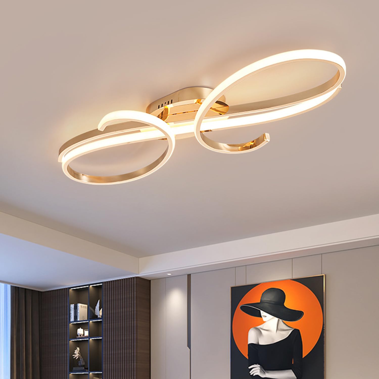 Aleaty LED Ceiling Light Dimmable Metal Chrome Ceiling Lamp Modern Living Room Pendant Lamp Bedroom with Remote Control Living Room Lamp Bedroom Dining Room Ceiling Lamp (Gold, L80cm)