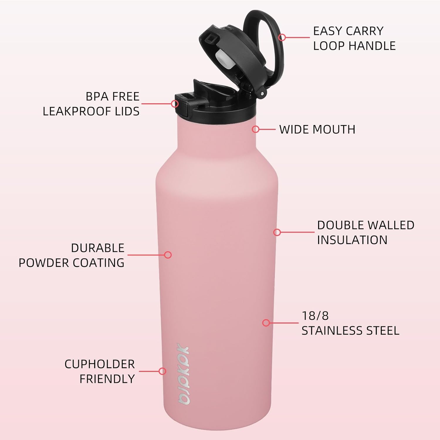 BJPKPK Insulated Water Bottle With Straw 17oz Stainless Steel Water Bottles With 2 Lids And Carry Handle Reusable Travel Metal Thermal Flask,Light Pink - Image 2
