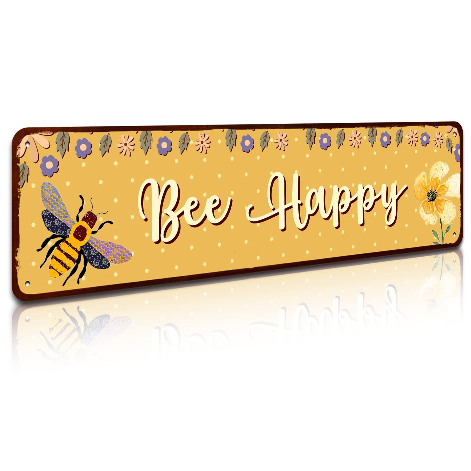 Bee Happy Sign - Metal Tin Signs,Kitchen & Outdoor Decor,Beehive & Classroom Decor - 4x16 Inch