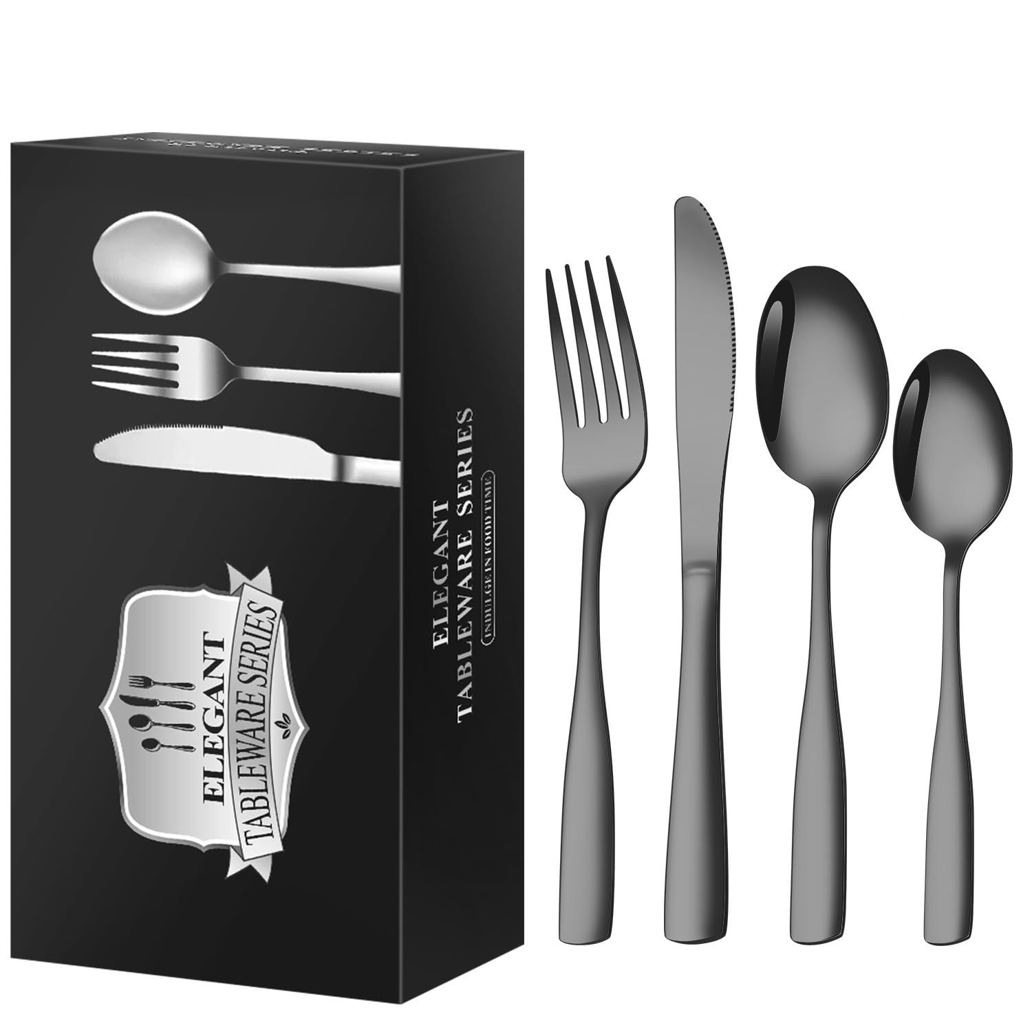 OLSKFUH Cutlery Flatware Cutlery Set, 60-Piece Set Of Stainless Steel Square Handle Cutlery Knife, Fork And Spoon 15 Servings Hotel Home Steak Cutlery,Black