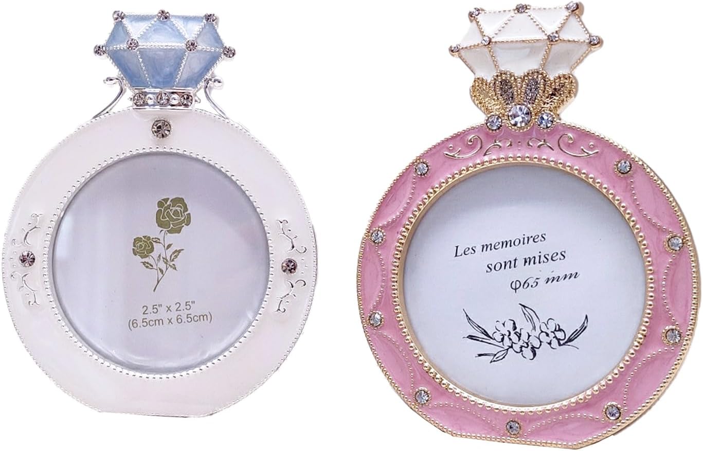 Decorative Diamond Ring Picture Frames, 2.5 inch, White and Pink, Set of 2, Crystal Accented Mini Photo Display (PINK GOLD BLUE DIAMOND RING SHAPED)