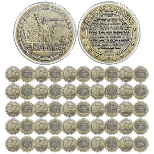 CHURYUML 50Pcs Military Challenge Coins Bulk Veterans Day Gifts Honoring Our Veterans Military Gifts for Men Women Army Soldiers Military Prayer Coin Thank You for Your Service