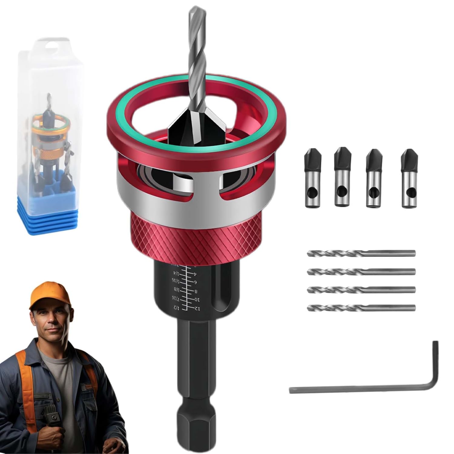 2/4-Flute Countersink Drill Bit Set, Adjustable Depth Stop, 4pcs Four-Flute Tapered Drill Bits and Adjustable Depth Stop Collar, Countersink Drill Bit Set for Woodworking, Cabinetry, DIY (red Set)