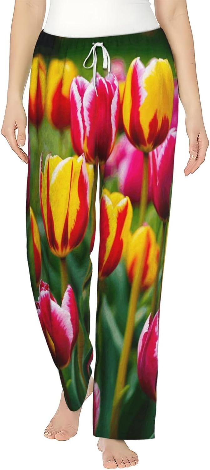 Pink Tulips Print Fashion Cozy Womens Flannel Pajama Pants,Perfect For Christmas And Everyday Wear