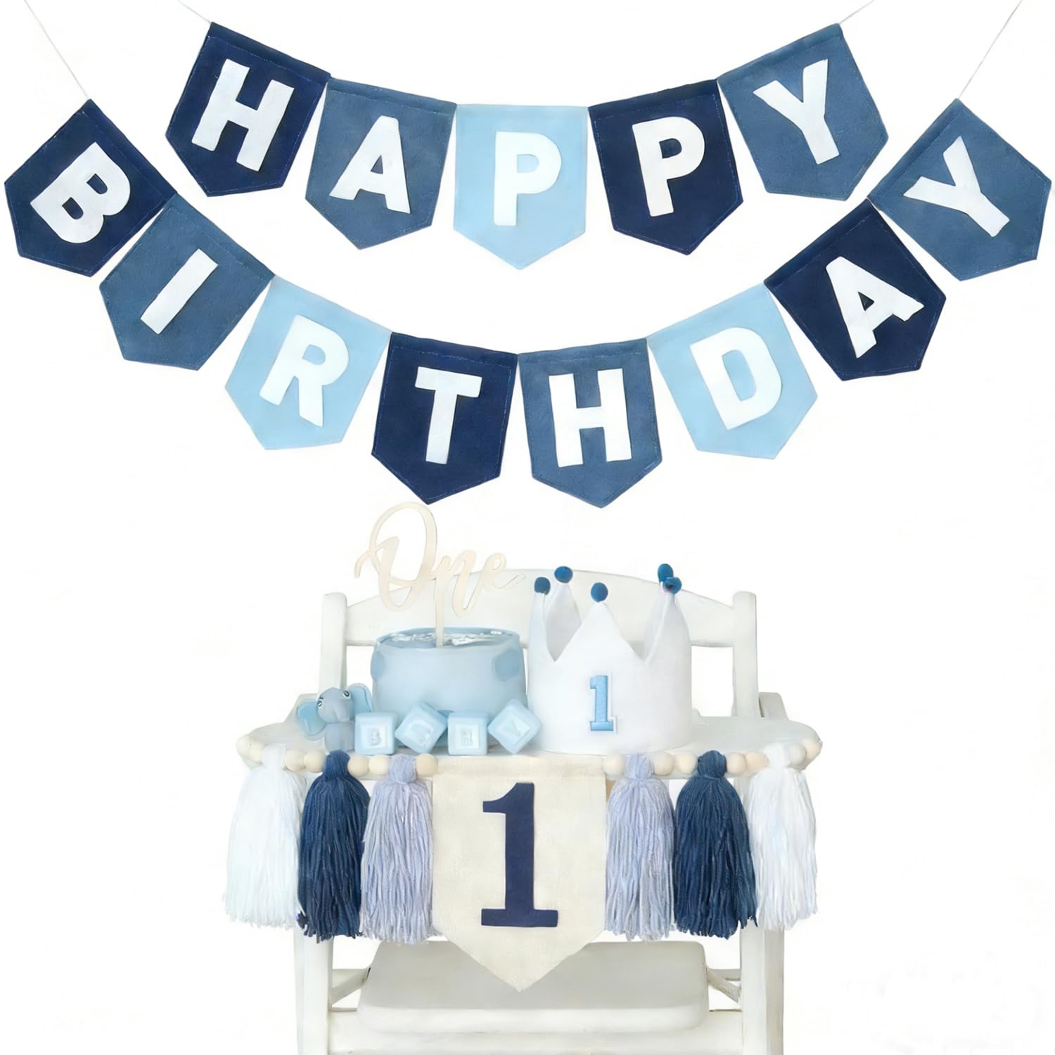 Half Way to One Decorations for Boy-Navy Blue 6 Months Birthday Decorations Banner 1/2 Birthday Highchair Banner Cake Topper & Paty Hat
