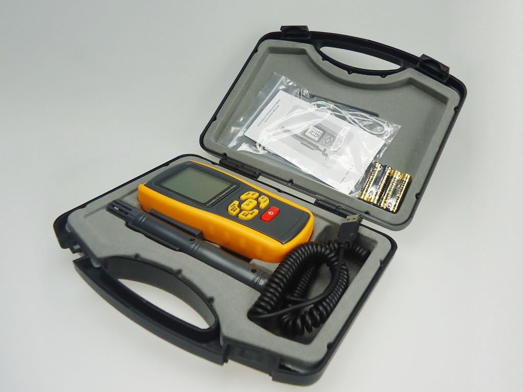 GM1361 Humidity Temperature Meter and accessories neatly organized in a protective carrying case.