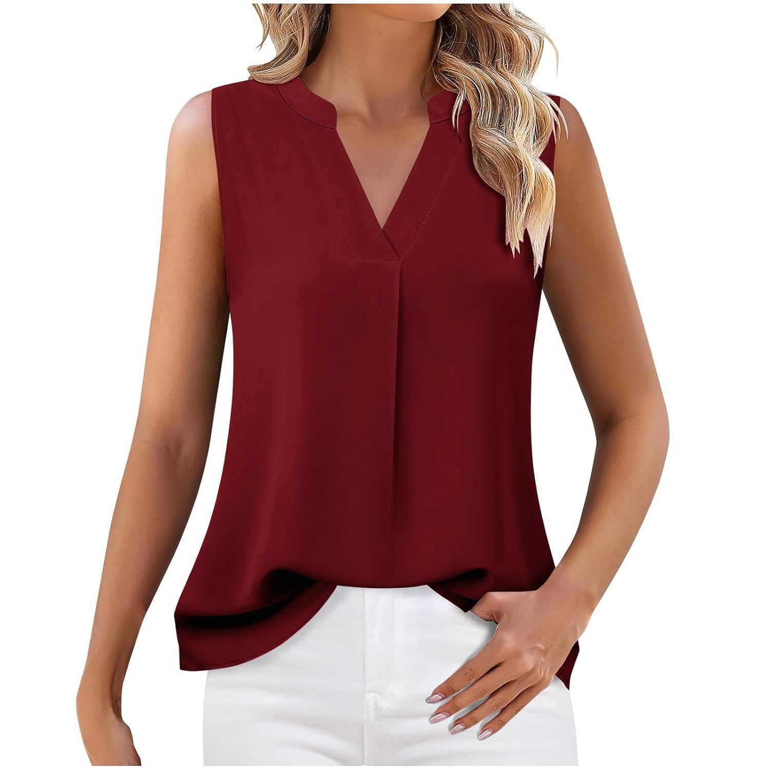Womens Summer Tank Tops Dressy Casual V Neck Blouses Sleeveless Tunic Top Ladies Solid Basic Tees Office Work