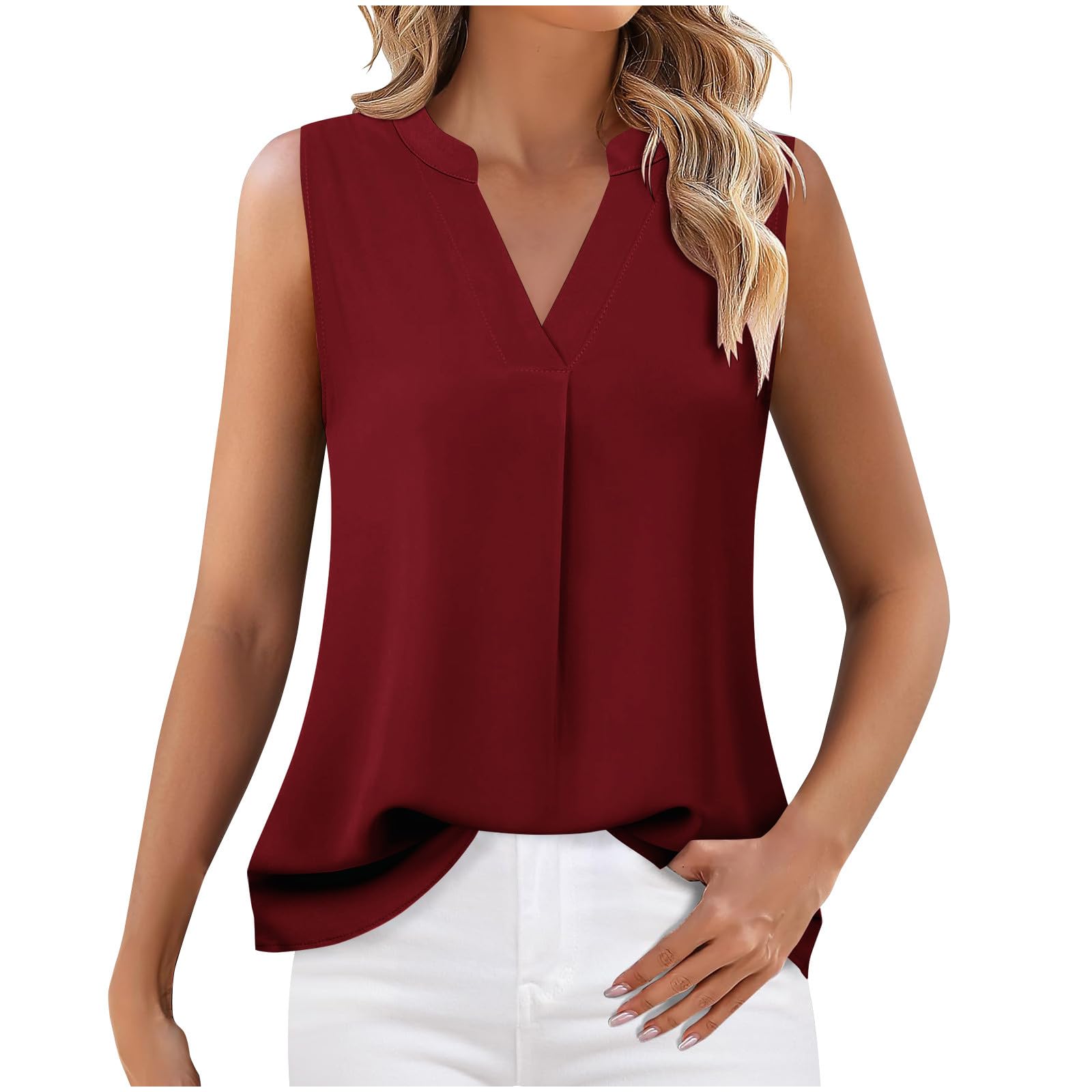 Womens Summer Tank Tops Dressy Casual V Neck Blouses Sleeveless Tunic Top Ladies Solid Basic Tees Office Work